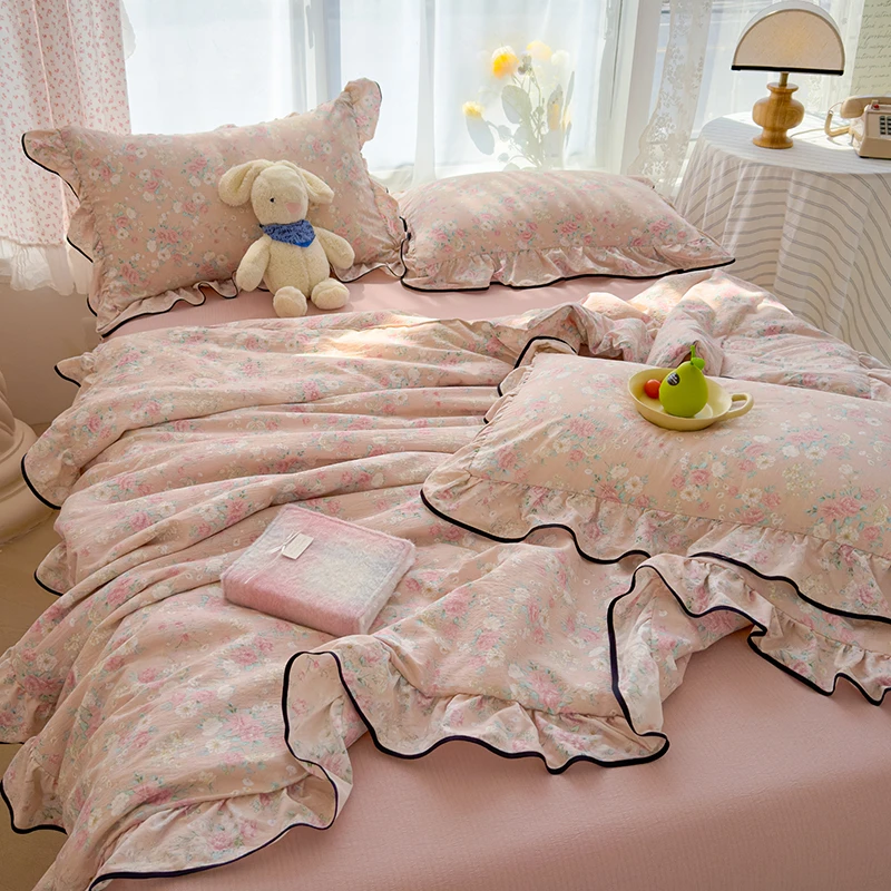 新款A类针织双层纱夏凉被四件套公主风花边空调被夏季双人薄被子