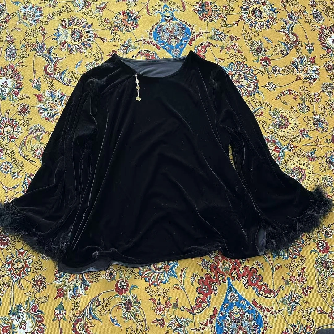 【青羽】新中式国风大码鸵鸟毛四方绒打底衫女装