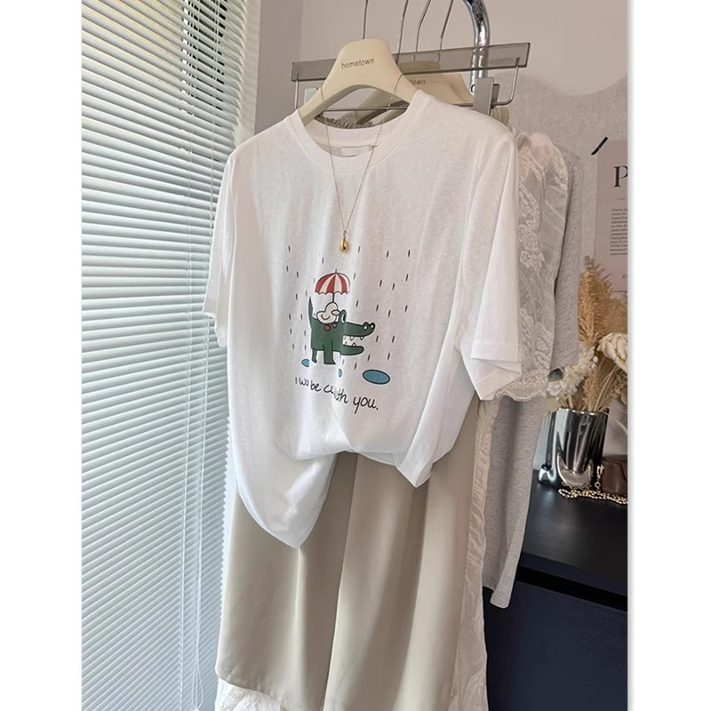 韩系慵懒风宽松显瘦雪花棉短袖T恤女夏季新款大码胖mm200斤上