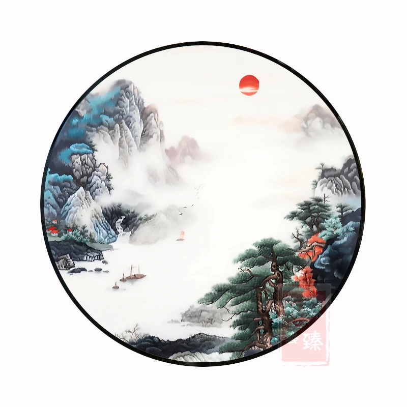 苏绣成品挂画90100120公分圆形玄关客厅山水苏州纯手工刺绣装饰画