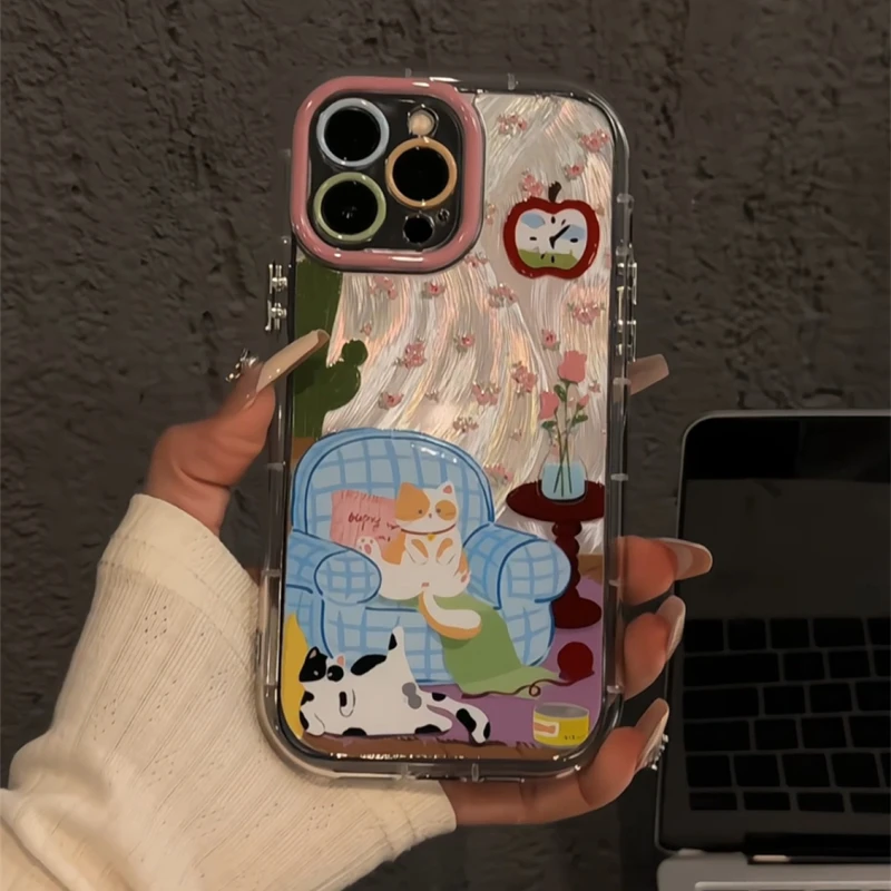 适用苹果16羽纱奶油手机壳iPhone15碎花沙发猫咪华为mate新款小米