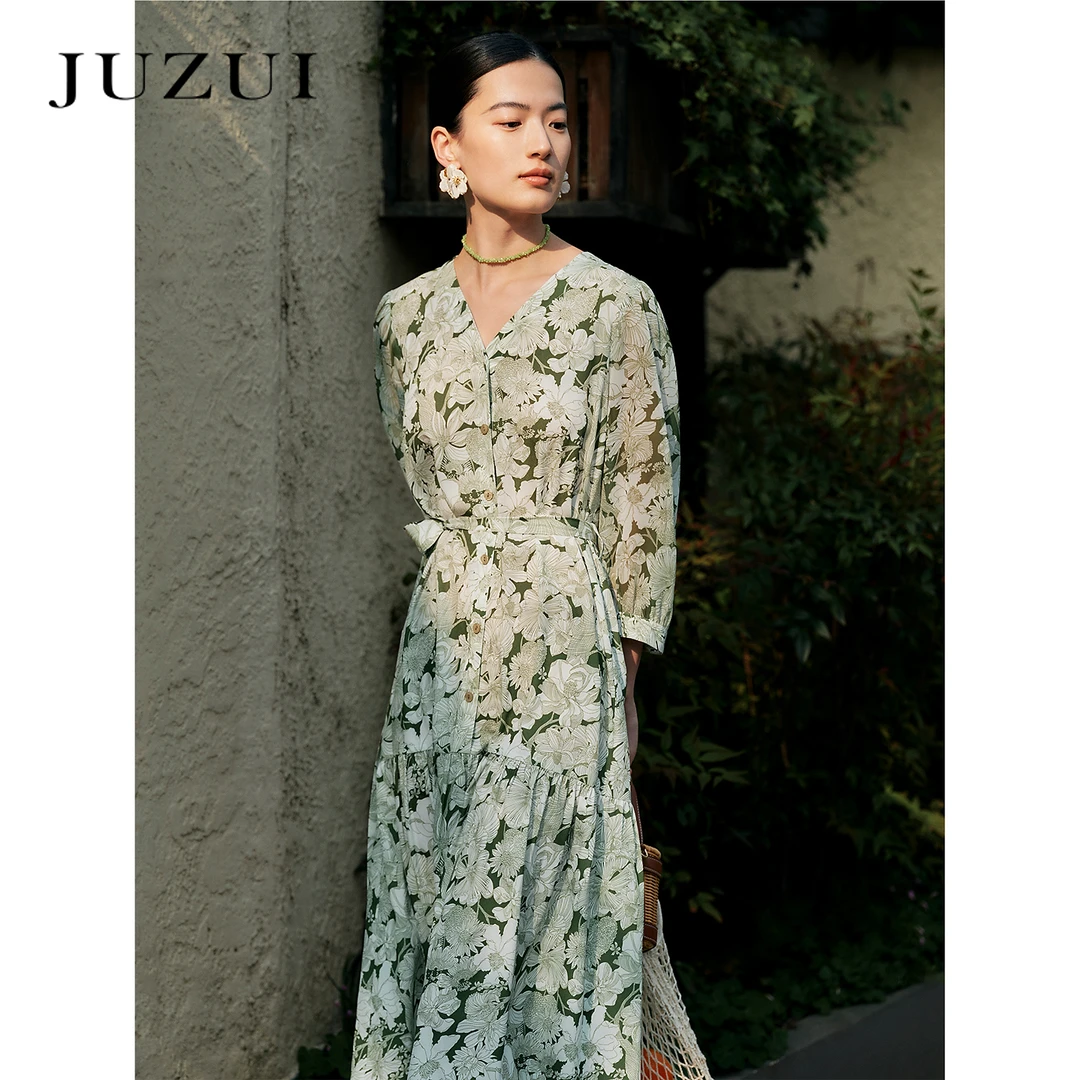 JZ玖姿国风牡丹连衣裙女装2023夏季修身显瘦雪纺连衣裙