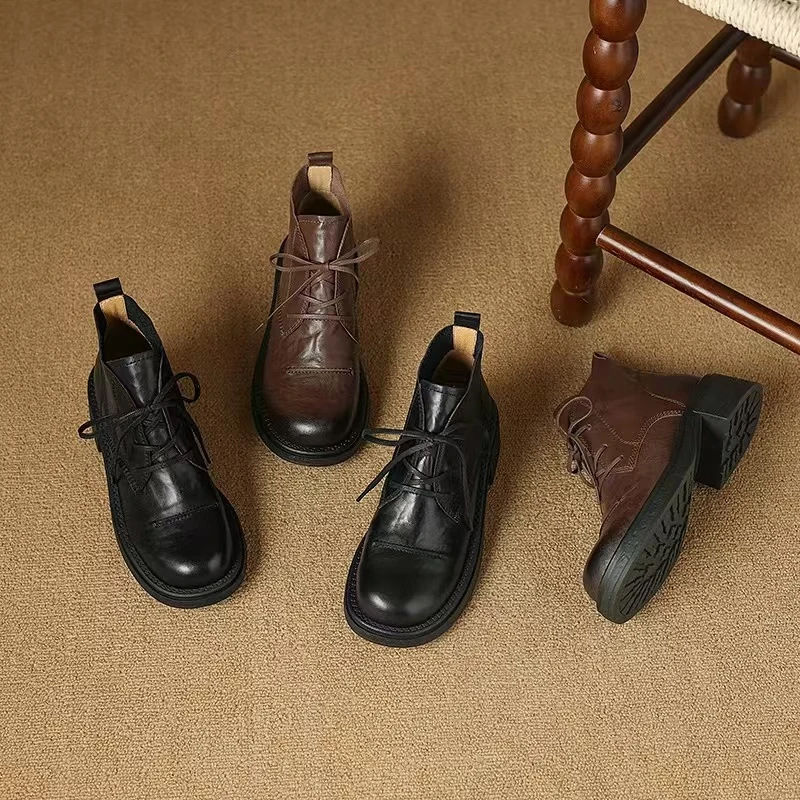 复古英伦风休闲系带马丁靴女2024秋冬新圆头粗跟低跟短靴K4-3036