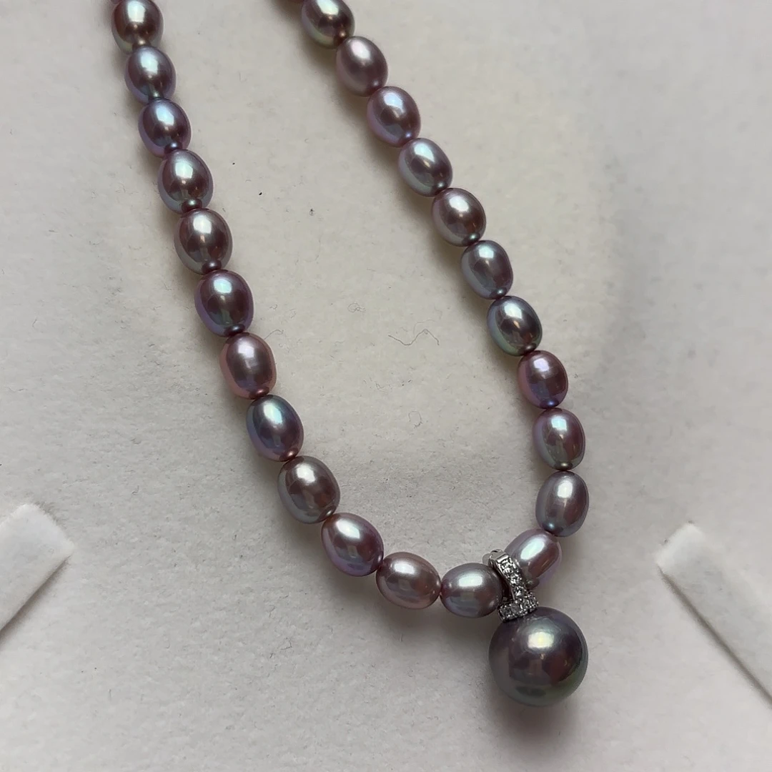 淡水珍珠合金颈饰6-7无核怪色米、吊坠11-12