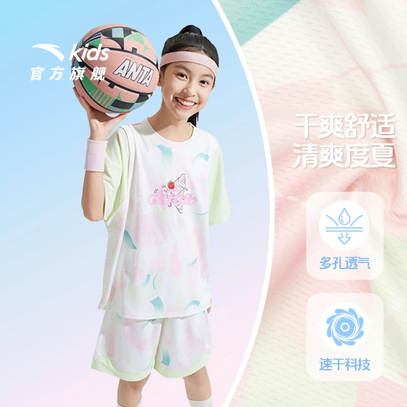 安踏儿童夏季女童休闲套装2025年款女童短裤套装夏装印花跑步套