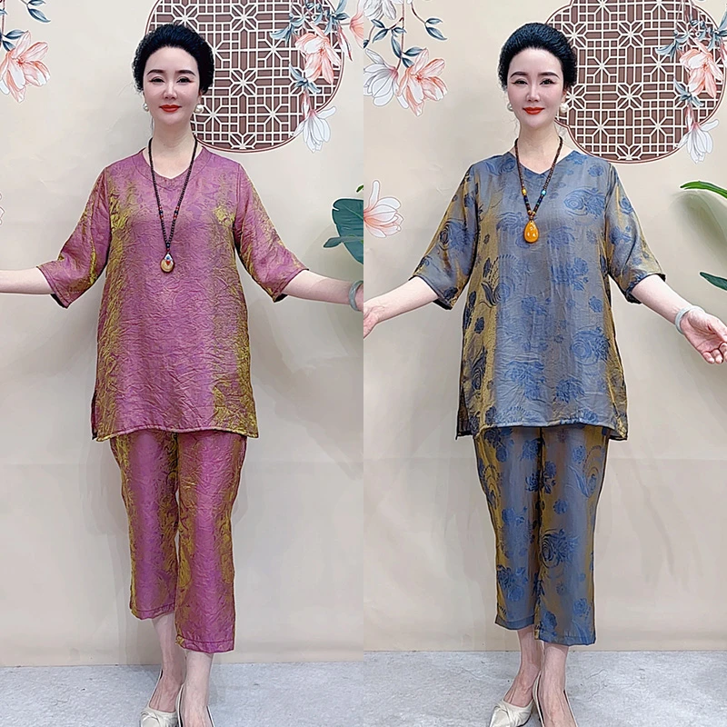 夏季休闲新款妈妈装上衣兼裤子中老年时尚大码女士气质宽松套装