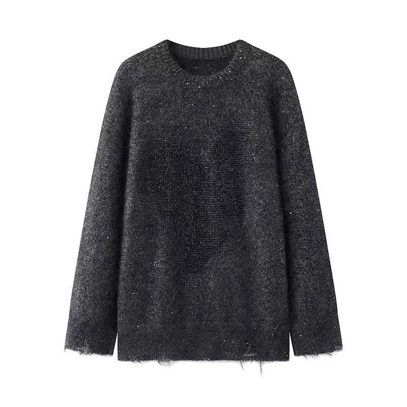 H5046-2025春季新款时尚百搭爱心提花流苏破洞套头毛衣针织衫女