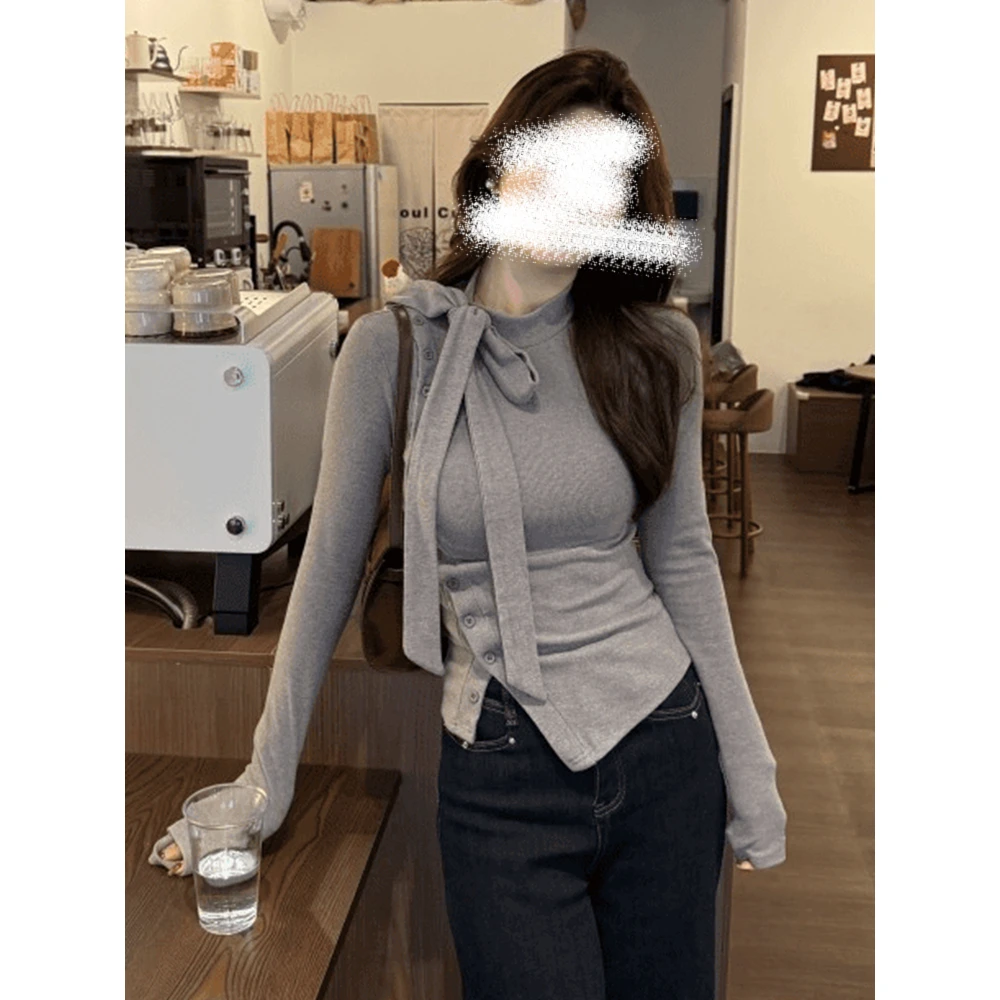 不规则斜扣开叉系带t恤打底衫女秋冬季内搭可外穿高级感长袖上衣