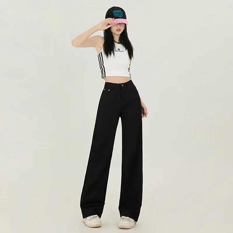 006 黑色宽松直筒女士牛仔裤加长高腰百搭显瘦拖地秋冬牛仔裤