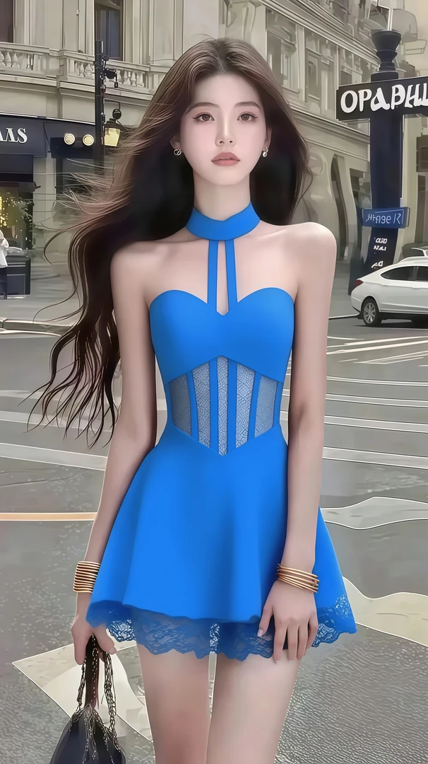 夏季2025新款蓝色桃心领挂脖蕾丝边收腰连衣裙女时尚性感辣妹风