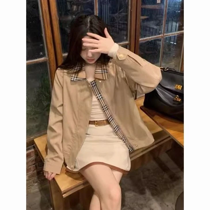 秋季复古卡其色外套女2025新款格子风衣夹克短款小个子上衣春秋款