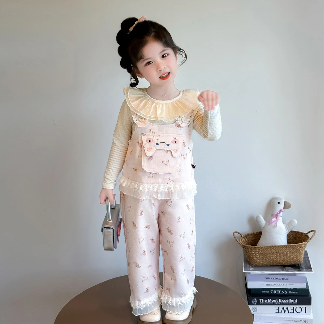 女童秋套装2025新款卡通可爱小熊儿童吊带三件套洋气女小童春秋款