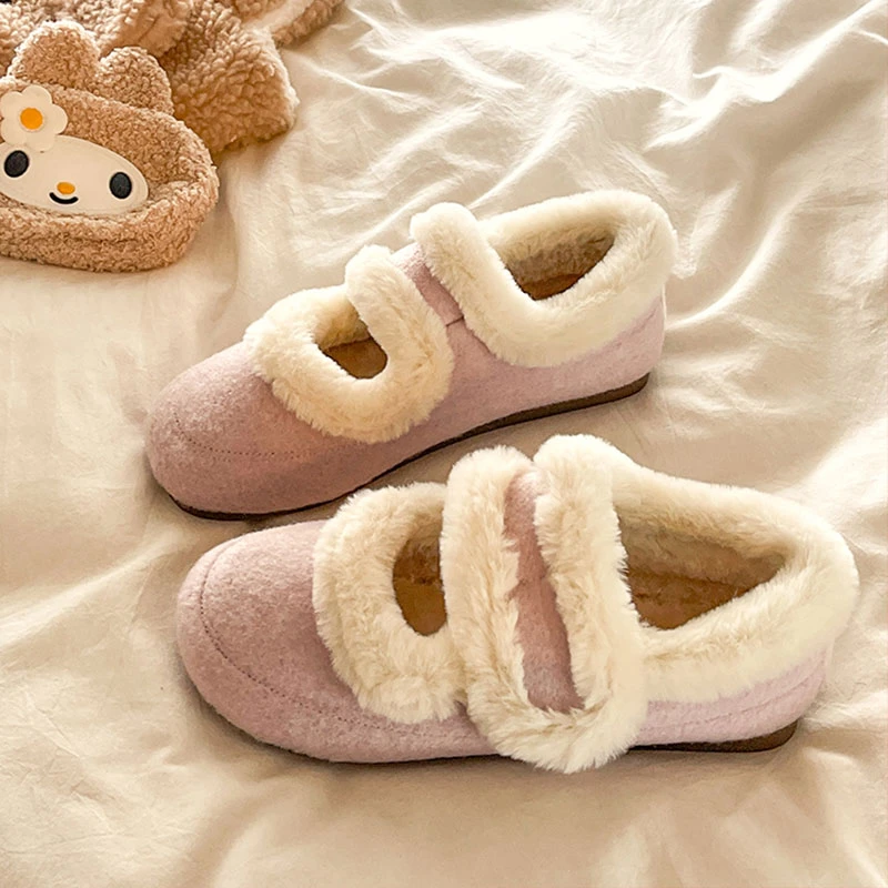 时尚洋气小香风毛毛鞋女秋冬季2025新款魔术贴加绒保暖玛丽珍棉鞋