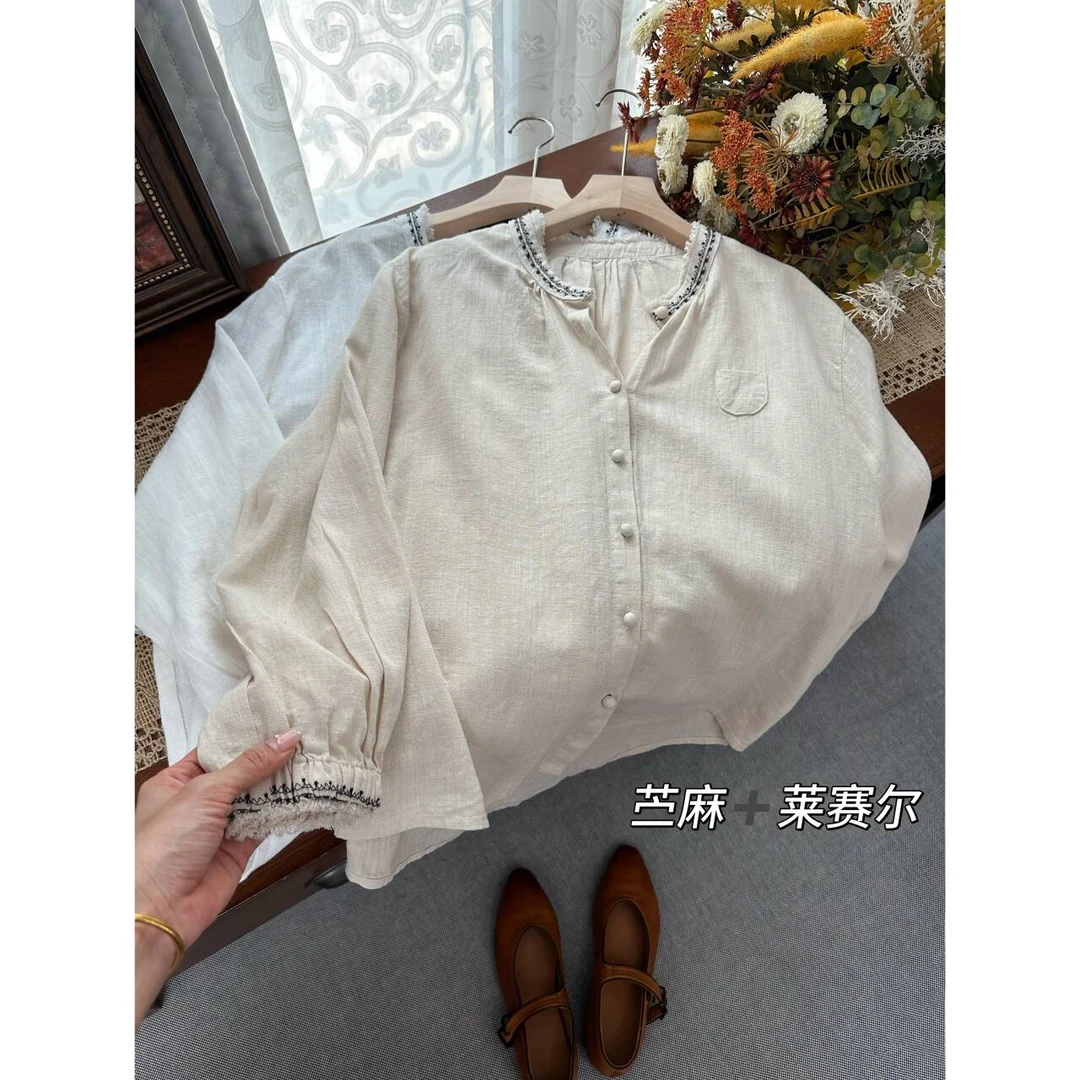苏小姐出品苎麻+莱赛尔/重工刺绣毛边/包缝工艺 休闲宽松长袖衬衫