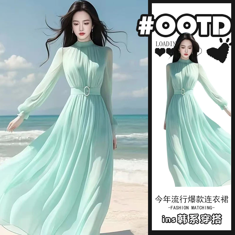 2025夏季高级感海边度假蓝色雪纺连衣裙气质女神范温柔风绝美长裙