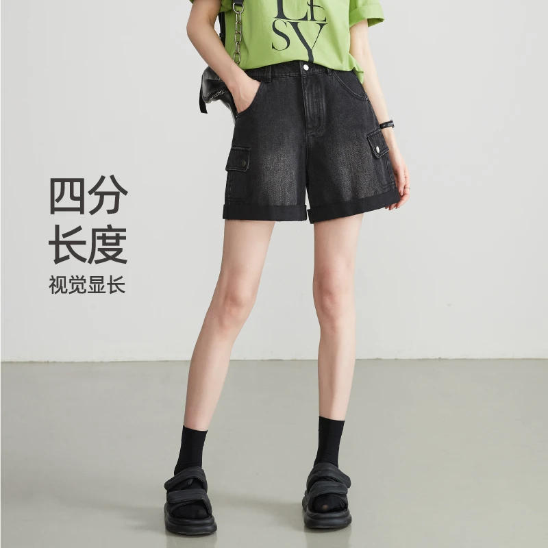 【逸阳断码清仓】工装大口袋牛仔短裤女春夏复古A字显瘦直筒裤子