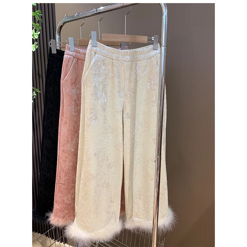 【蝴蝶裤】国风新中式冬季丝绒加绒加厚鸵鸟毛长裤阔腿裤休闲裤子女
