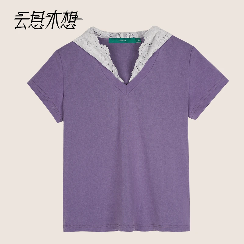 Ysimo-X云思木想 月诗云花 蕾丝连帽V领柔软优雅T恤13088