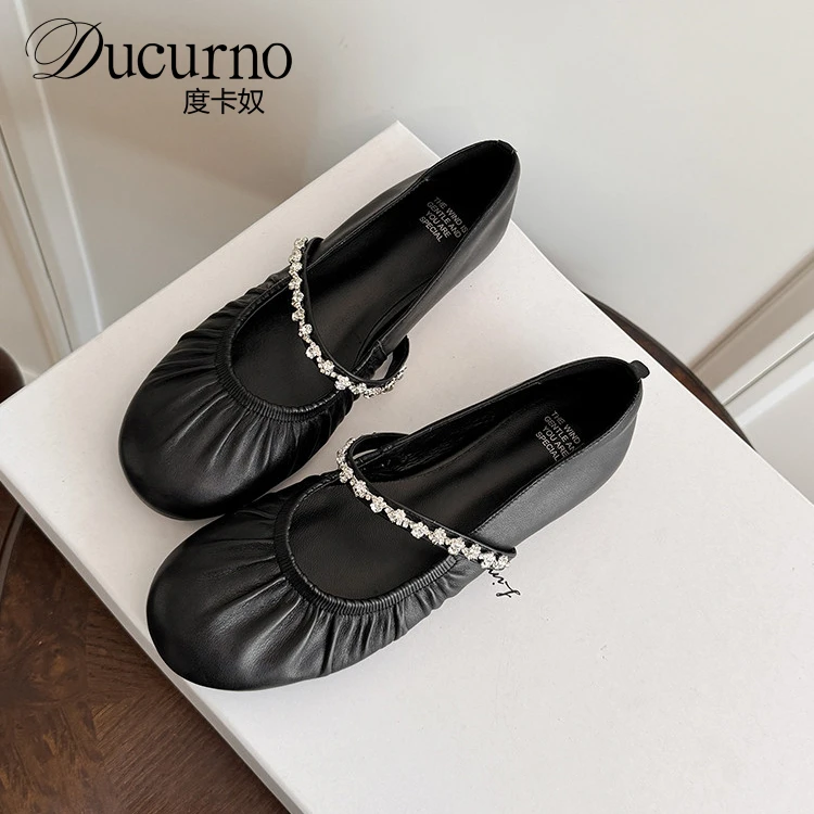 DUCURNO圆头超软奶奶鞋褶皱玛丽珍鞋女一脚蹬水钻带平底温柔单鞋