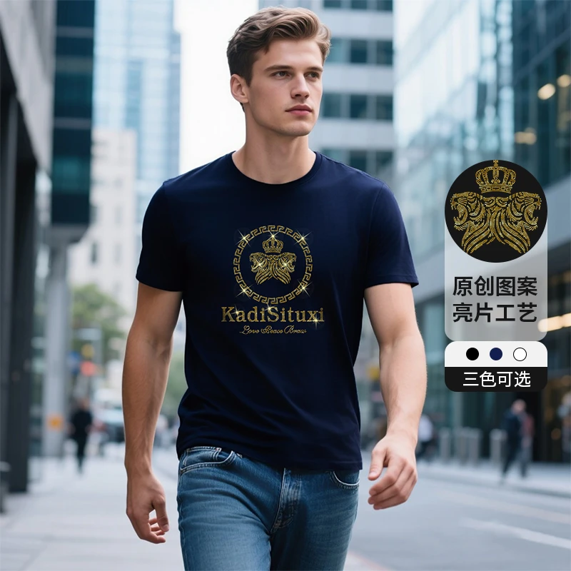 英伦雅痞风格男装欧货短袖重工高端轻奢透气金标亮片圆领t恤60007