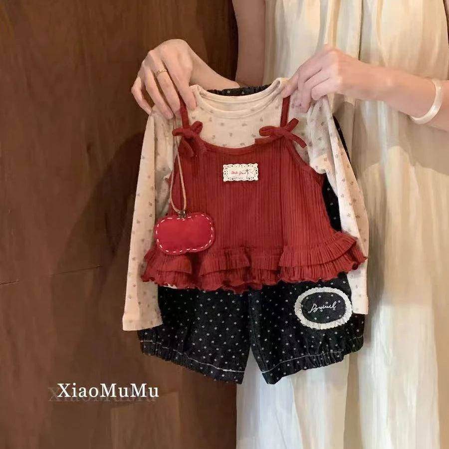 女童洋气套装2025新款秋装长袖打底衫吊带上衣两件波点印花阔腿裤