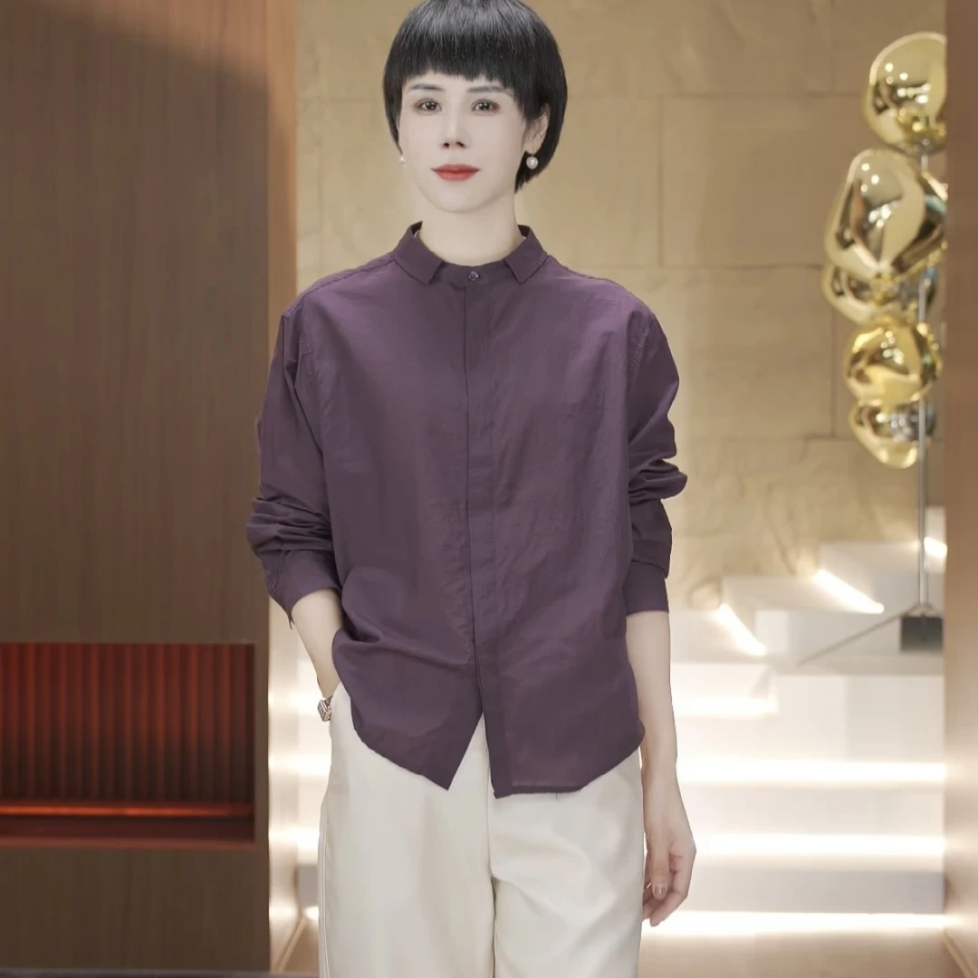 【渲渲推荐】CC-516夏季中式时尚花瓶领口休闲纯色紫色衬衣
