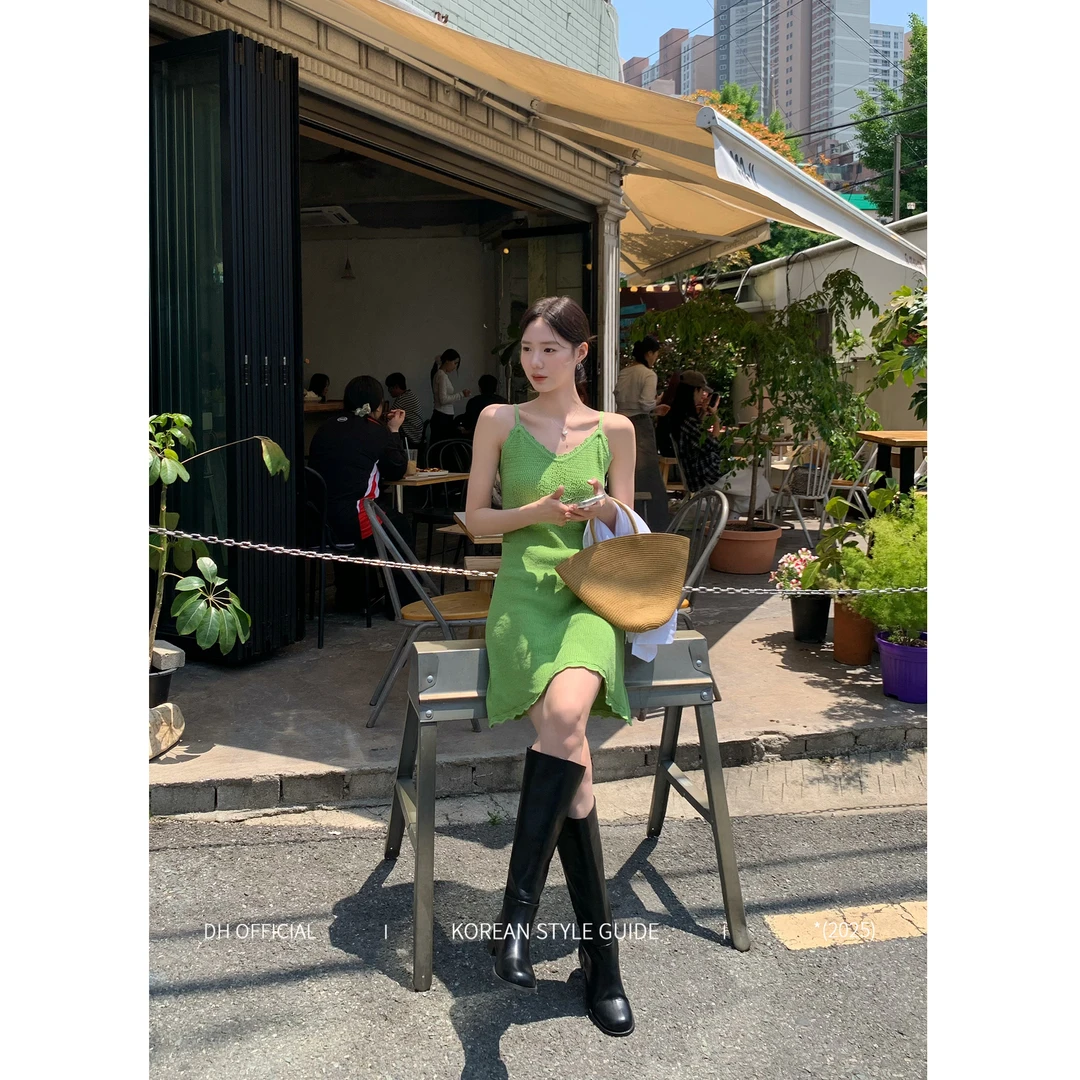 DH OFFICIAL 大花【绿蔷薇 green】天丝亚麻吊带荷叶边镂空连衣裙