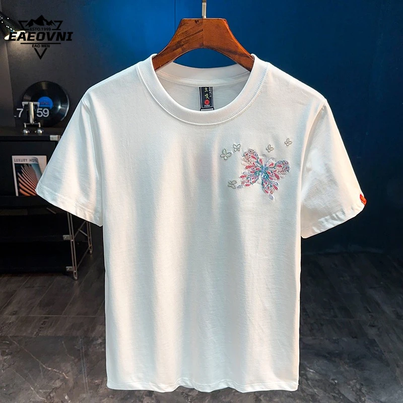 EAEOVNI2025夏季新款短袖T恤男修身刺绣蝴蝶纯棉体恤潮牌国风ins