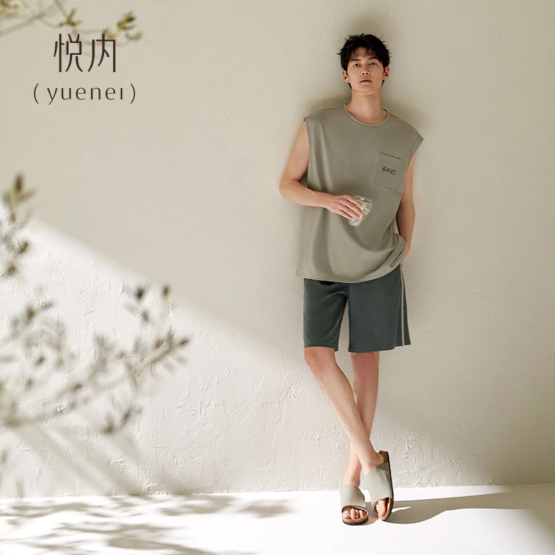 悦内睡衣男士夏季夏天纯棉无袖背心短裤家居服男款休闲可外穿出门