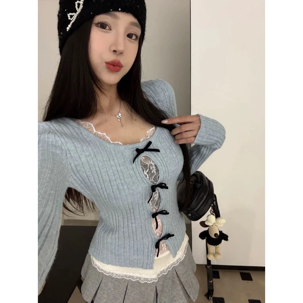 针织衫女款爆款2025新款女装纯欲辣妹镂空拼接显瘦圆领毛衣913