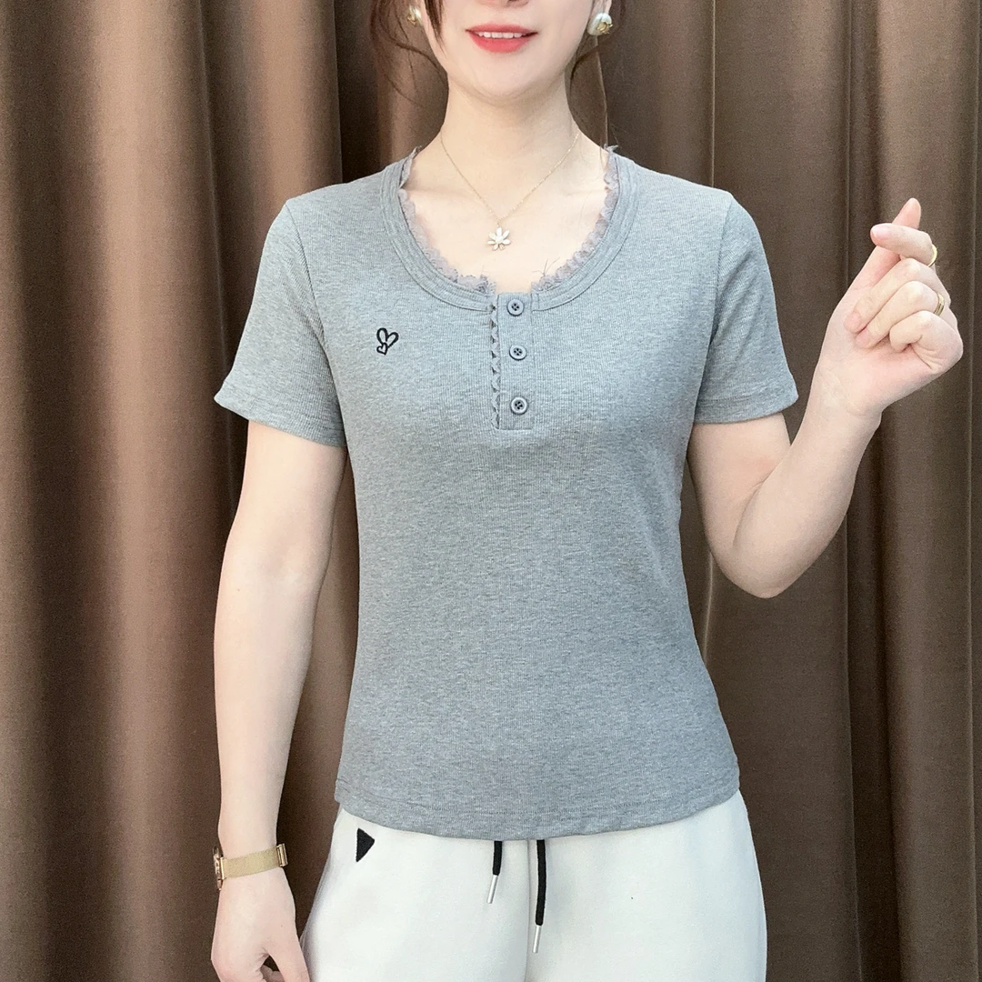 夏季新款蕾丝花边女士短袖t恤显瘦减龄百搭气质修身打底圆领上衣