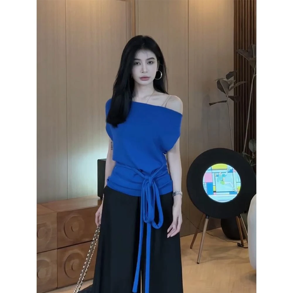 克莱因蓝不规则系带短款甜辣小上衣女夏季一字肩冰丝针织短袖t恤