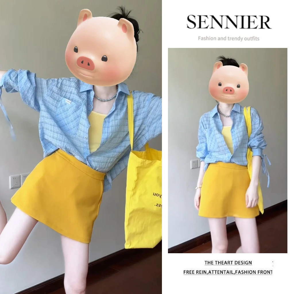 2025夏季新款时尚穿搭女装韩系格子长袖衬衫显瘦吊带半身裙三件套