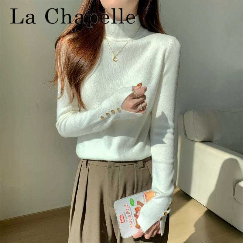 拉夏贝尔秋季韩版纯色气质修身半高领纽扣安迪绒内搭针织衫毛衣