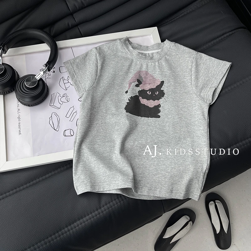 现货【粉帽猫咪】夏装韩版儿童时尚猫咪印花休闲两色短袖T恤MPG6150