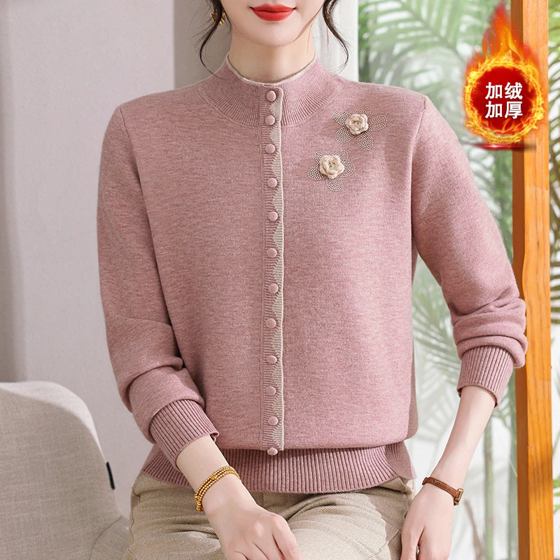 2025新款中老年妈妈装加绒加厚针织衫保暖气质半高领秋冬打底上衣