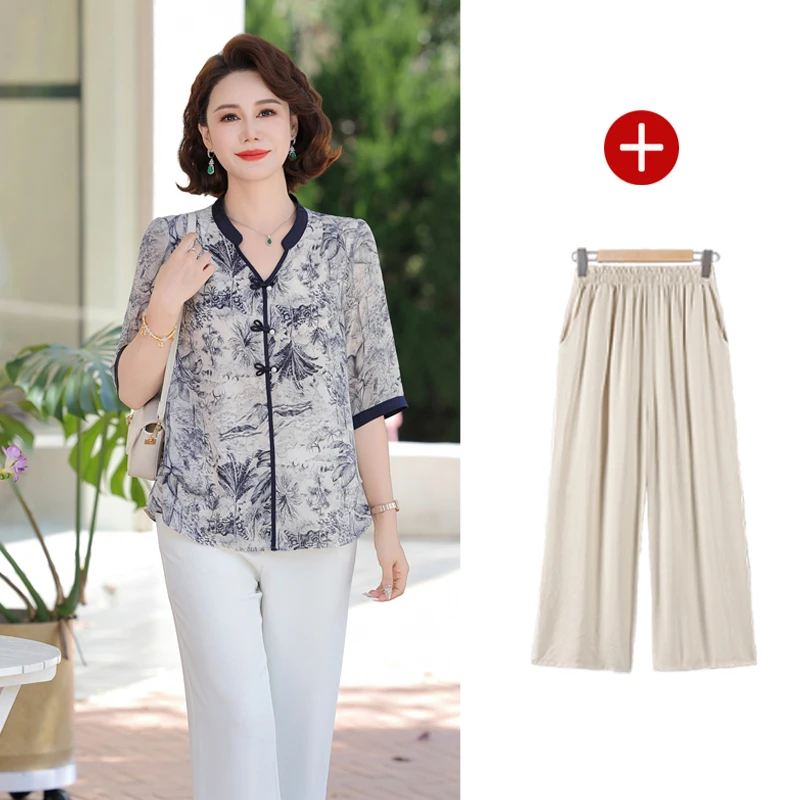 母亲节妈妈夏装七分袖小衫2025新款气质洋气雪纺上衣T恤中老年女