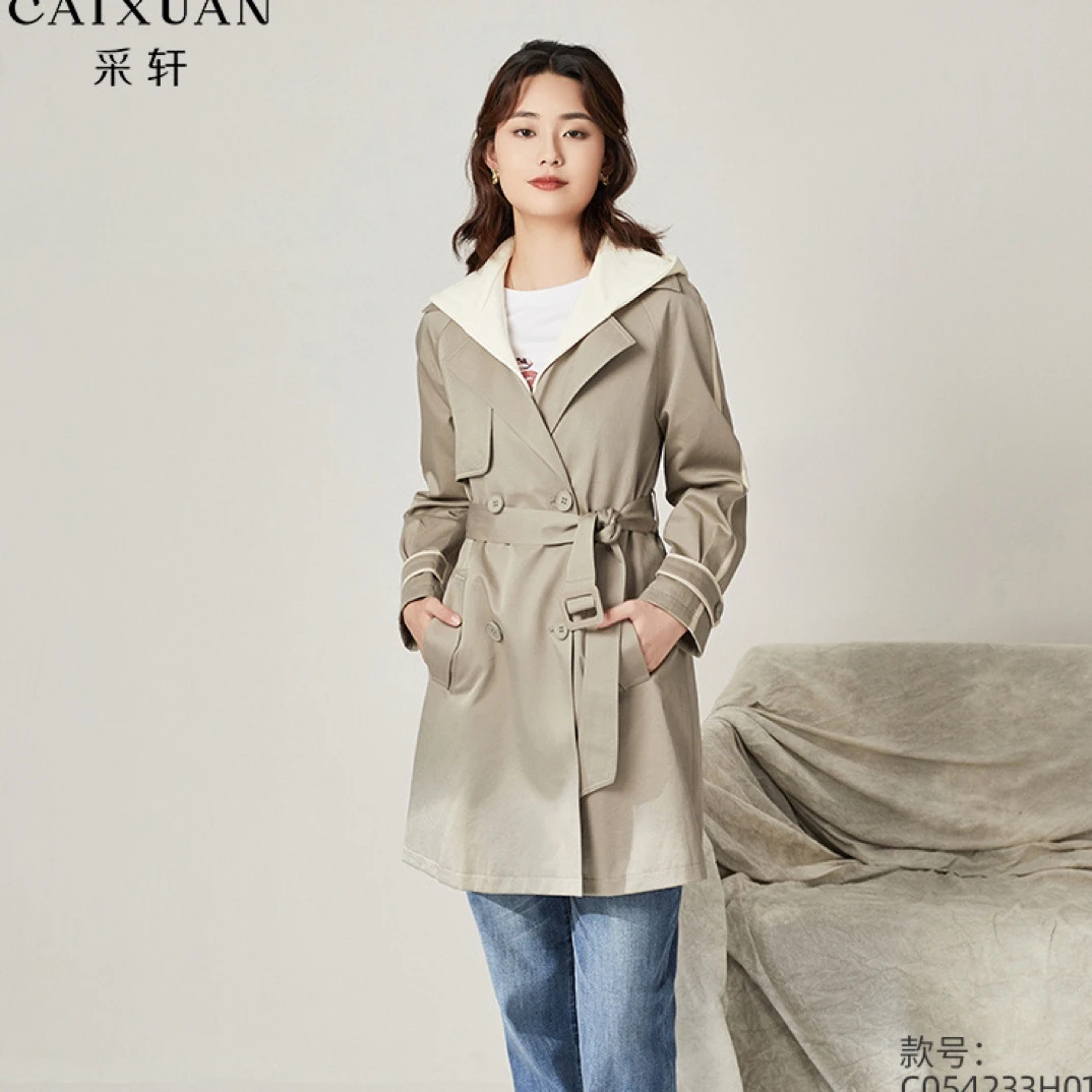 c054233H01CAIXUAN采轩气质收腰撞色西装领假两件连帽风衣