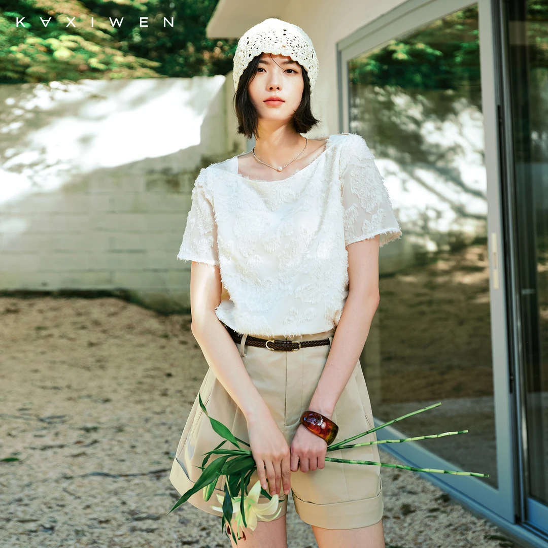 佧茜文时尚流苏剪花小衫【夏新】休闲圆领显瘦上衣女D04BXW6166