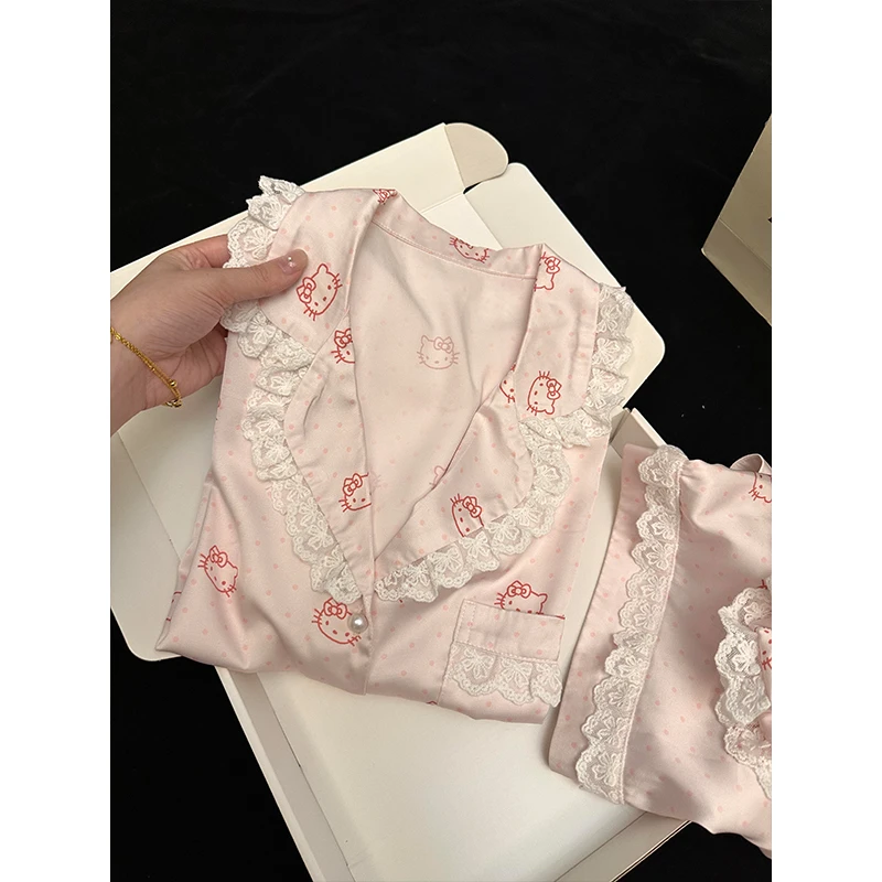 网红蕾丝花边Hello Kitty冰丝睡衣女夏季新款短袖短裤家居服套装