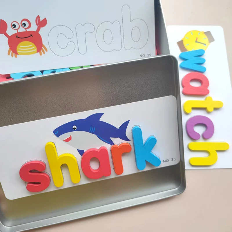 木制磁性英文字母磁贴积木拼图益智玩具儿童英语单词记背神器卡片