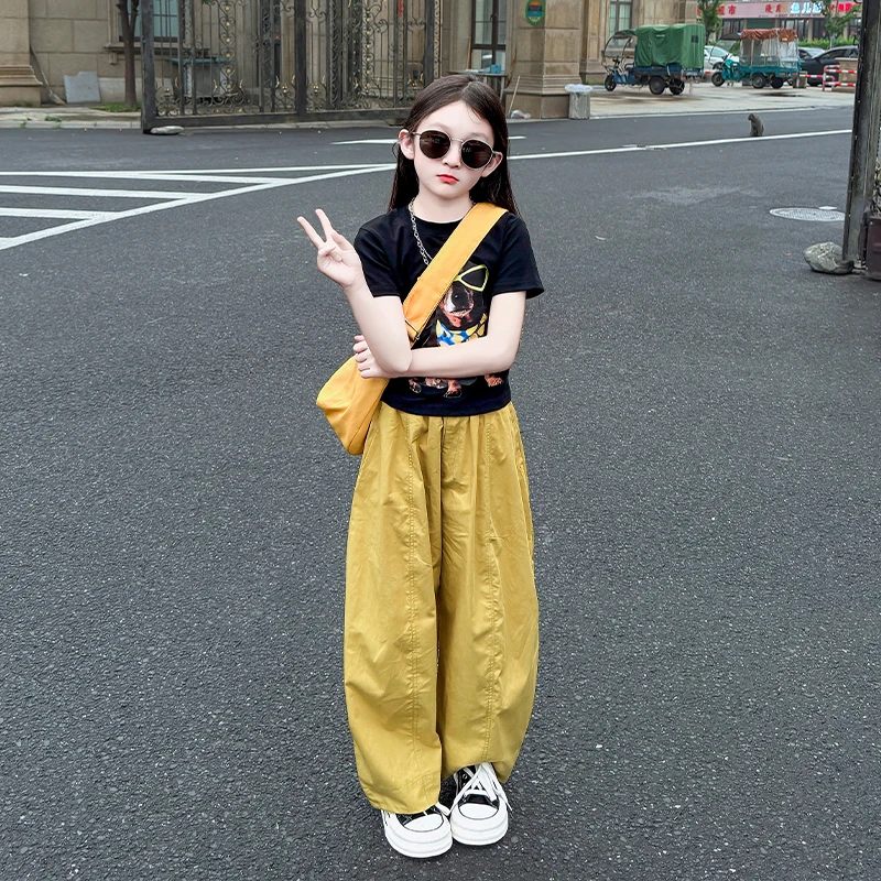 女童夏季2025新款韩版洋气儿童休闲运动T恤阔腿休闲裤两件套潮酷