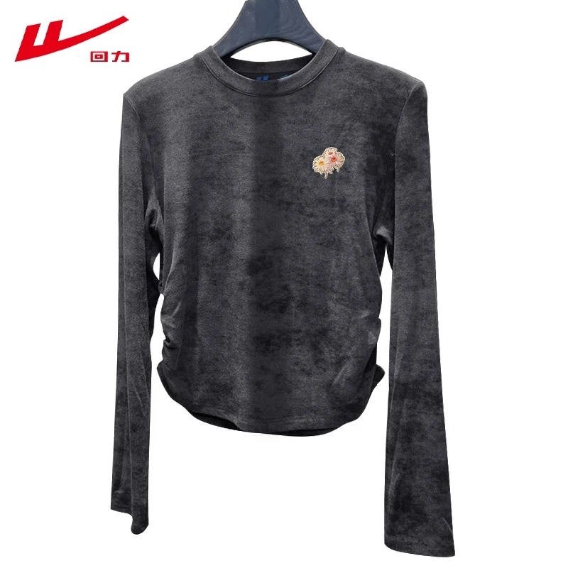 回力2025女装磨毛修身棉扎染收腰长袖T恤短款春秋冬ins打底衫潮