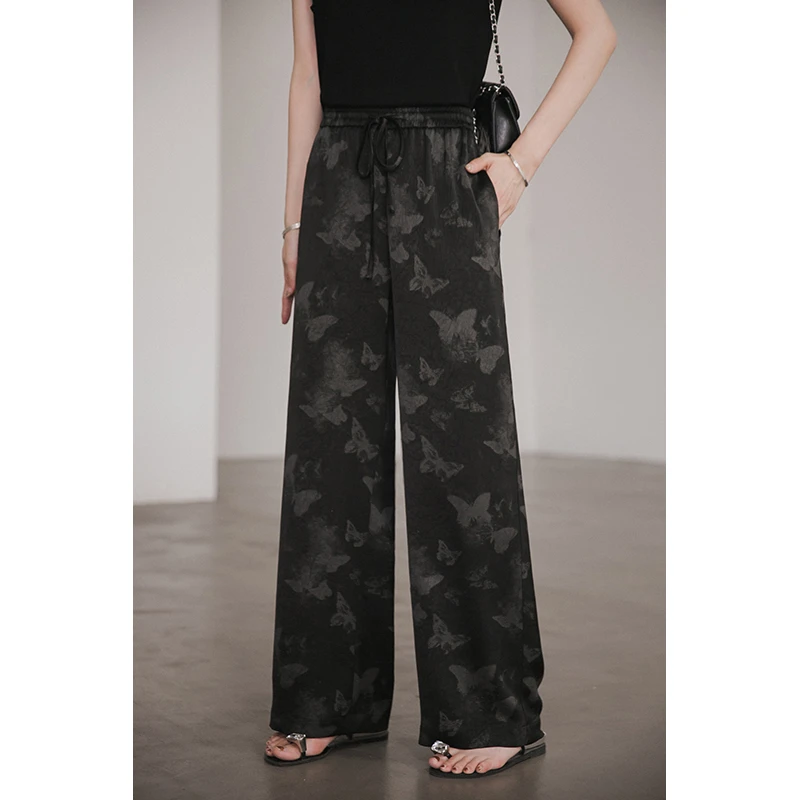 小谷粒【扶苏休闲裤】国风缎面蝴蝶印花面料 爽滑 松紧高腰阔腿百搭