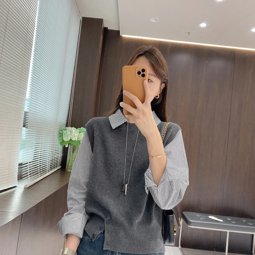 IMFLY金小金自制女装 针织衫DYW9730假两件衬衫拼接韩版洋气上衣