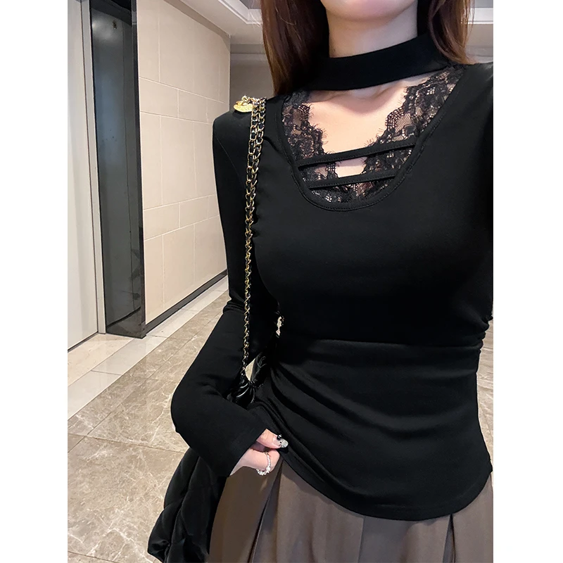 秋冬加绒挂脖长袖T恤女显瘦纯欲风蕾丝拼接v领加绒修身打底衫上衣
