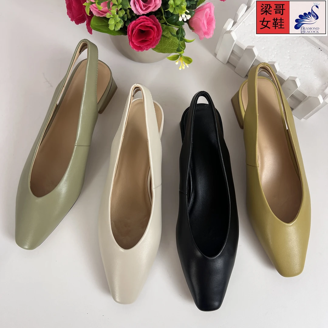 新款真皮牛皮包头品质中跟优雅气质舒适防滑手工时装一脚蹬女凉鞋