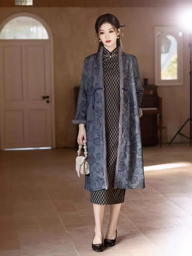 006-蓝色 中式 玫瑰 外披 旗袍