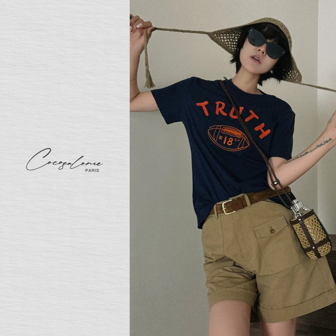 韩彬彬"小鱼"水洗毛边做旧橄榄球字母焦点美式叠穿短袖T恤969M-2