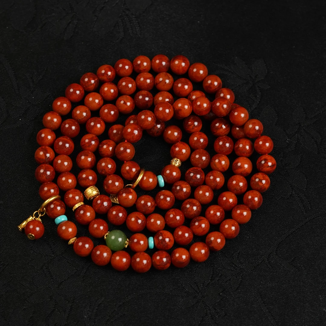 【凤鸣珠宝】天然南红原矿18K金镶嵌典藏级牛血红火焰纹项链 X-117